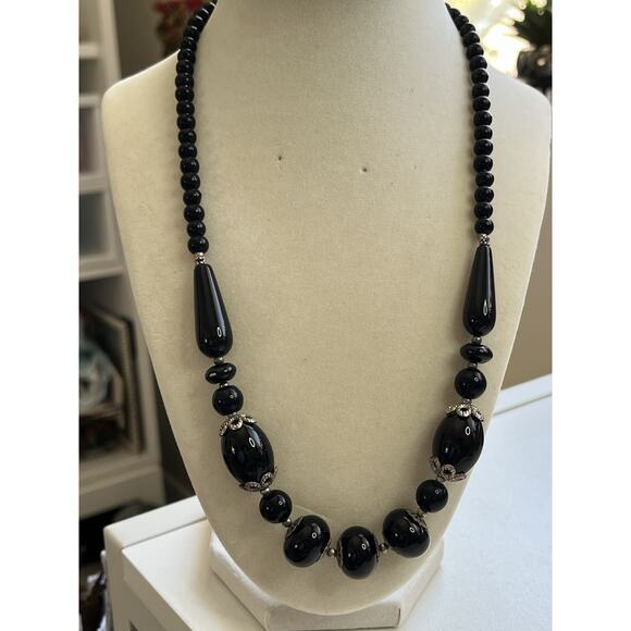 Genuine Black Onyx Beads Silver Plated Beaded Gemstone Necklace 21” - Picture 2 of 5